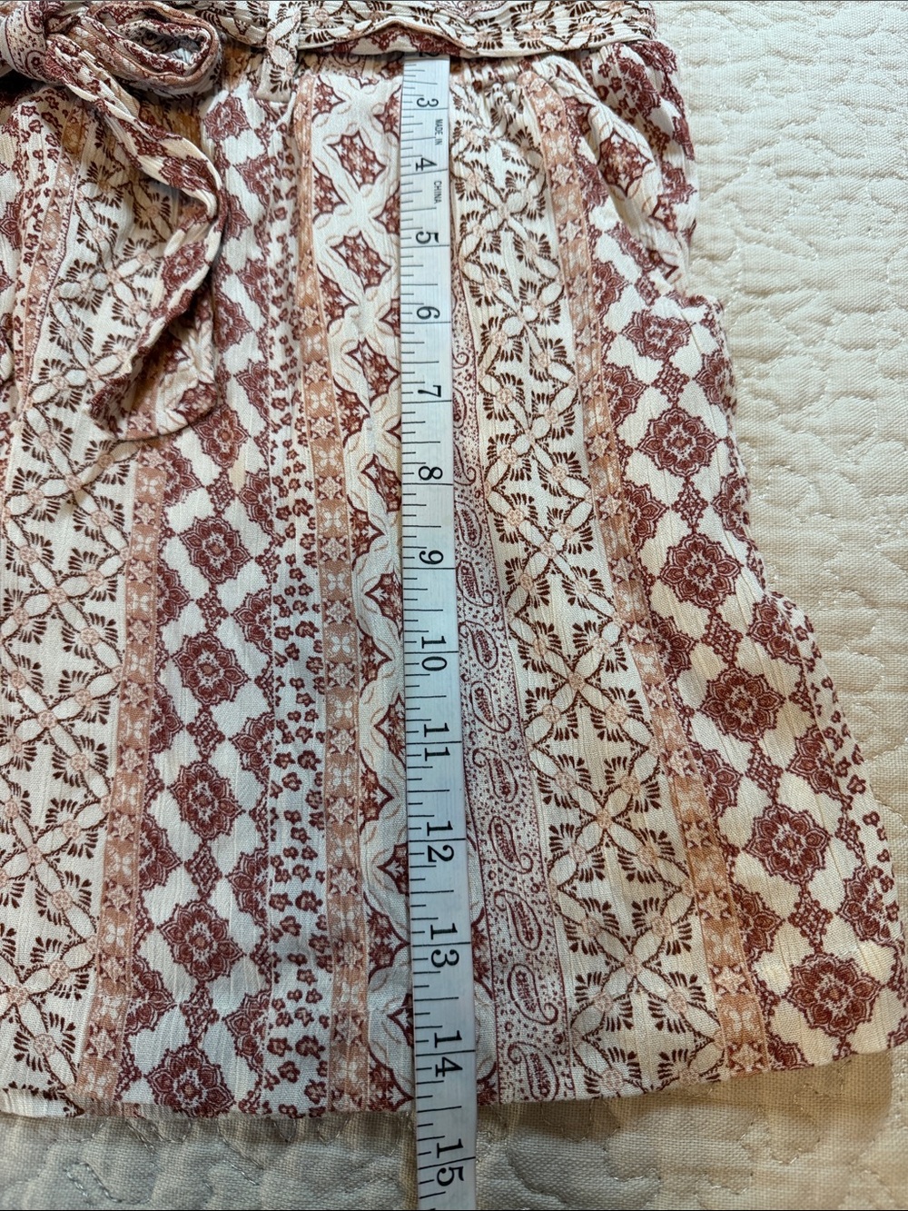 Pink Rose Size Large Rust & Cream Boho Tie-Waist Shorts With Pockets - Picture 6 of 10